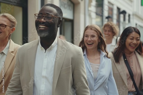 Diverse group of people walking together in the street smiling and having fun