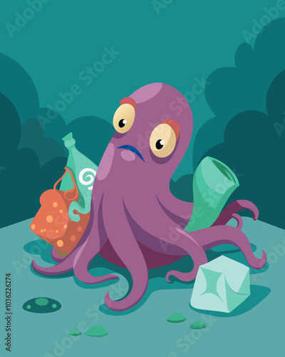 An octopus attempts to camouflage a a pile of plastic bags unable to find a suitable hiding spot in its oncepristine home.. Vector illustration