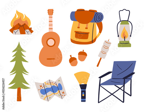 Hand Drawn Camping Gear Collection. A set of 10 hand-drawn camping supplies illustrations, perfect for outdoor, travel, and adventure-themed designs