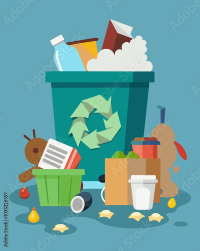 Dirty diapers broken furniture and other refuse spilled out of the overflowing dumpster creating a hazardous and unsanitary environment.. Vector illustration