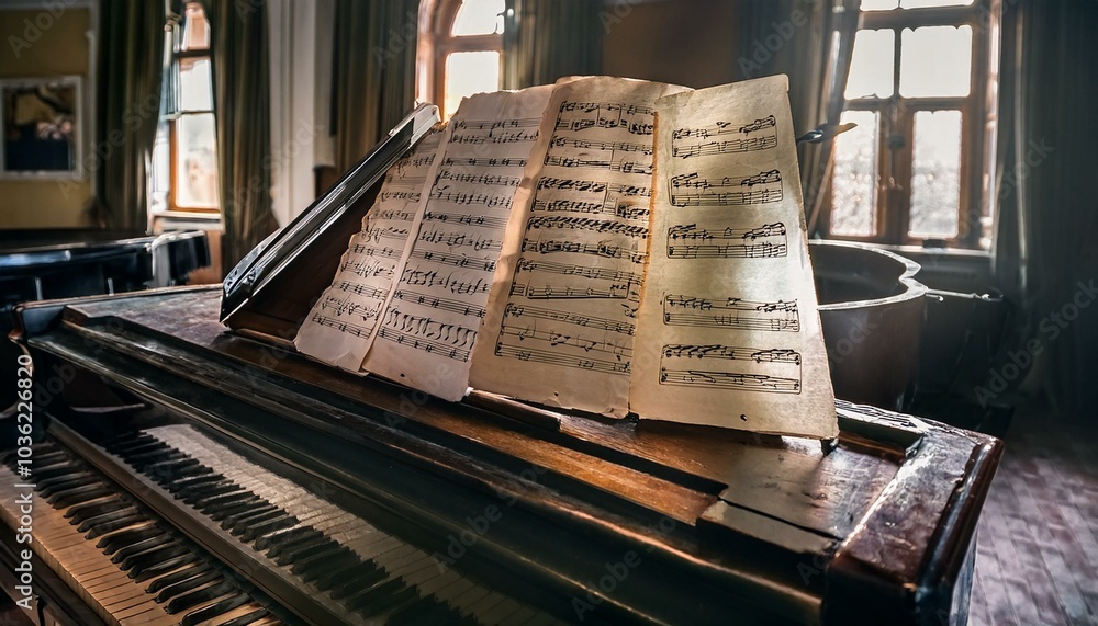 Obraz premium 피아노 위에 낡고 구겨진 악보가 있다