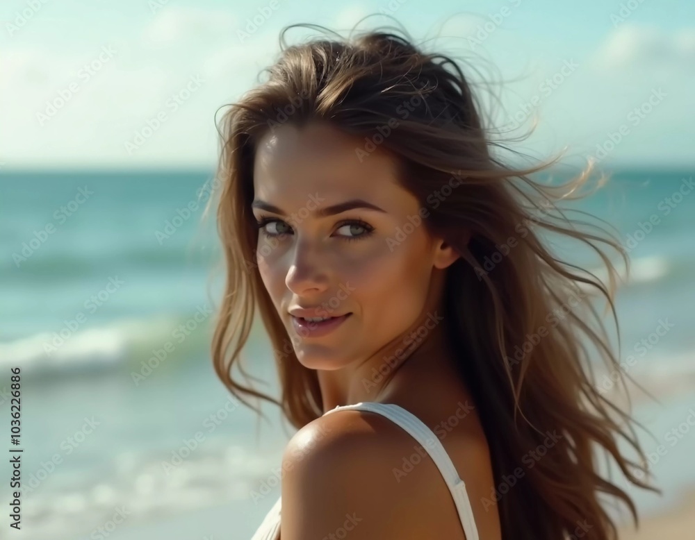 A brunette woman in a swimsuit gazes back while standing near the shoreline. Gentle sea waves lap at her feet under a clear blue sky. Long hair, beautiful young face. Travel and clothing adverts. AI A brunette woman in a swimsuit gazes back while standing near the shoreline. Gentle sea waves lap at her feet under a clear blue sky. Long hair, beautiful young face. Travel and clothing adverts. AI
