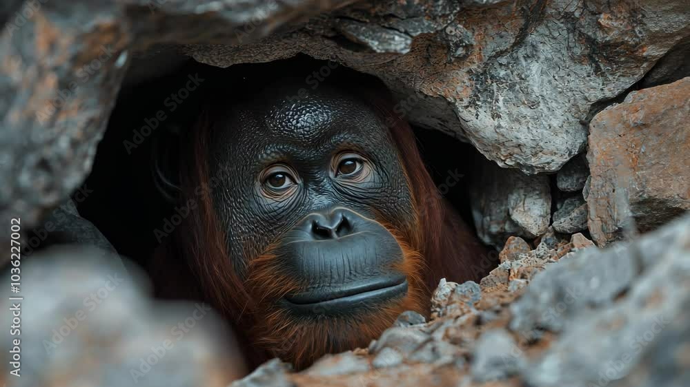 An orangutan looks out from a rocky cave in a dense jungle