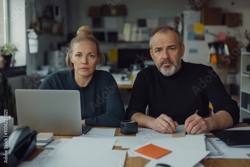 Two concentrated serious business people working in office sitting at the desk with laptop on workplace looking at computer monitor screen analyzing company finances.