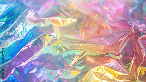 Abstract Close-Up of Holographic Crinkled Fabric with Iridescent Rainbow Hues