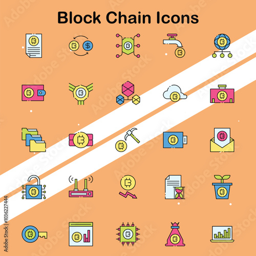 Collection of blockchain icons depicting digital ledger and cryptocurrency elements suitable for technology themes.