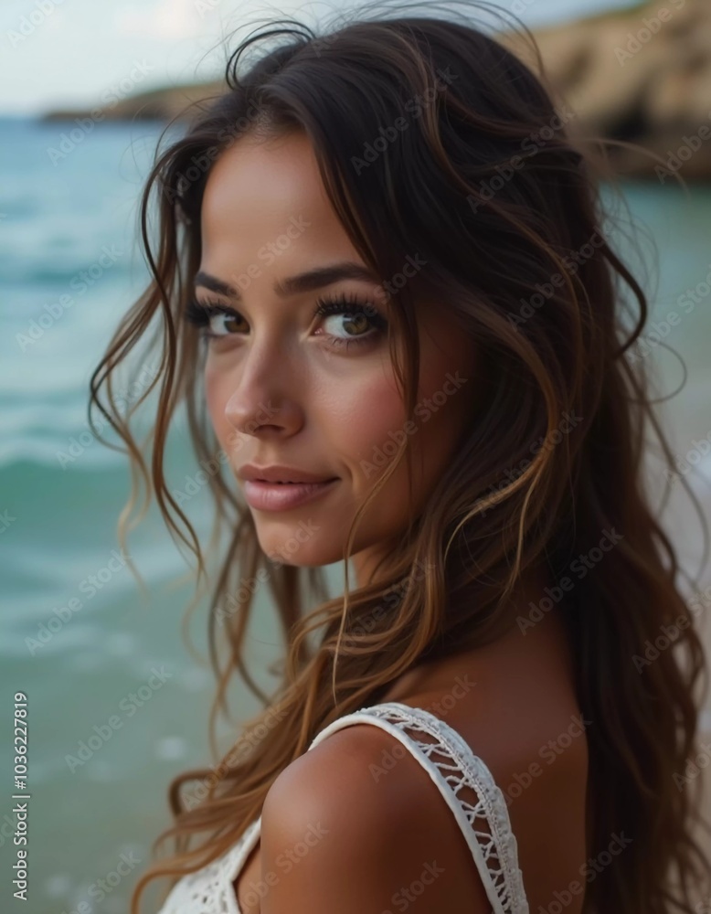 A brunette woman in a swimsuit gazes back while standing near the shoreline. Gentle sea waves lap at her feet under a clear blue sky. Long hair, beautiful young face. Travel and clothing adverts. AI A brunette woman in a swimsuit gazes back while standing near the shoreline. Gentle sea waves lap at her feet under a clear blue sky. Long hair, beautiful young face. Travel and clothing adverts. AI