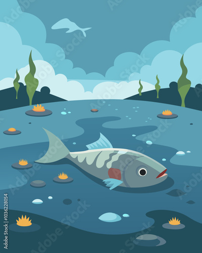 Dead fish float on the surface of the reservoir victims of the hazardous contaminants that now run rampant through its waters.. Vector illustration