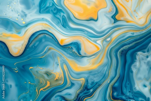 Photo of Blue and yellow liquid fluid art pattern. Background texture for backdrops or mapping