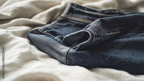 Close-up of Rolled Denim Fabric on Soft Bedding