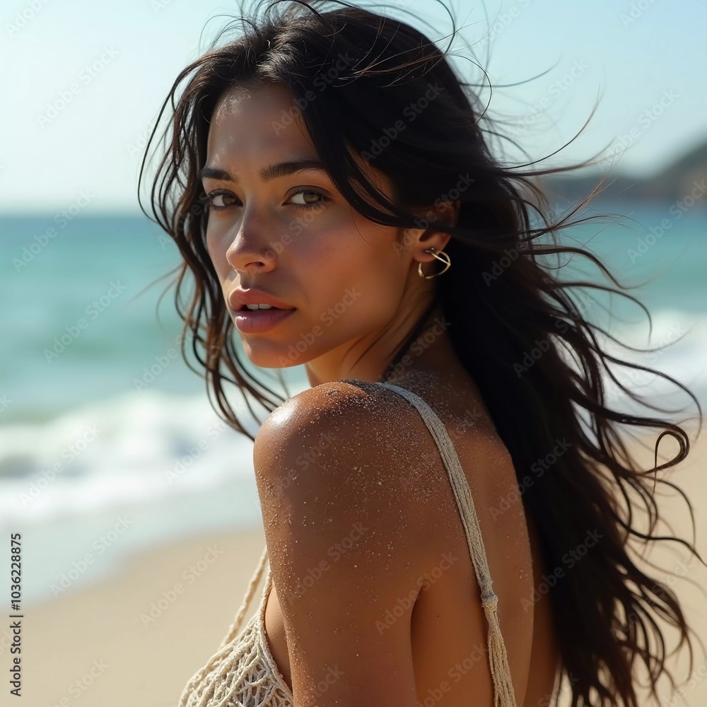 A brunette woman in a swimsuit gazes back while standing near the shoreline. Gentle sea waves lap at her feet under a clear blue sky. Long hair, beautiful young face. Travel and clothing adverts. AI A brunette woman in a swimsuit gazes back while standing near the shoreline. Gentle sea waves lap at her feet under a clear blue sky. Long hair, beautiful young face. Travel and clothing adverts. AI