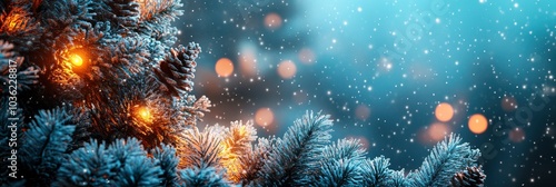 Wallpaper Mural Merry Christmas and Happy Holidays greeting card, frame, banner. New Year. Noel. Snow christmas tree light background. Winter xmas holiday theme. Flat lay , ai Torontodigital.ca