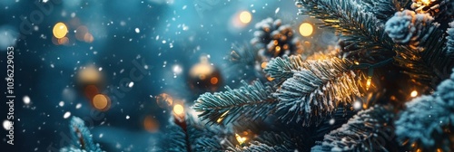 Wallpaper Mural Merry Christmas and Happy Holidays greeting card, frame, banner. New Year. Noel. Snow christmas tree light background. Winter xmas holiday theme. Flat lay , ai Torontodigital.ca