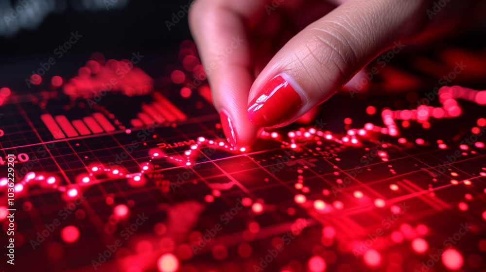 Close-up of a hand with red polished nails manipulating a glowing red stock market graph Close-up of a hand with red polished nails manipulating a glowing red stock market graph
