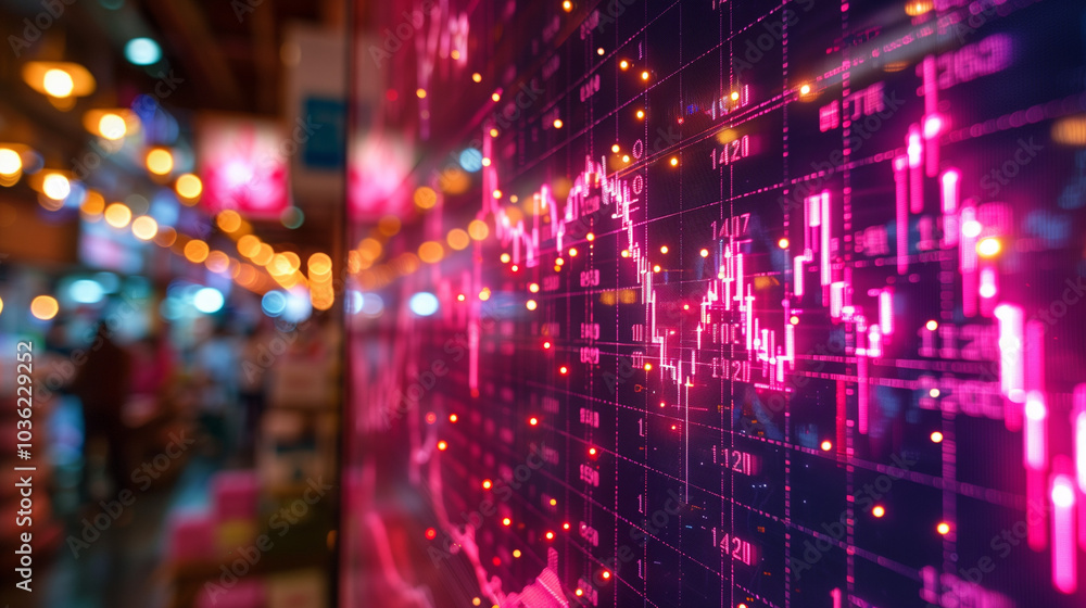 Fototapeta premium Stock market data display with glowing pink graphs and blurred background of a busy trading environment