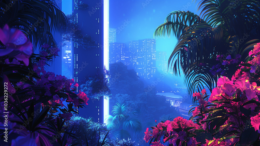 Fototapeta premium Futuristic tropical cityscape at night, with neon lights and lush plants framing the skyline
