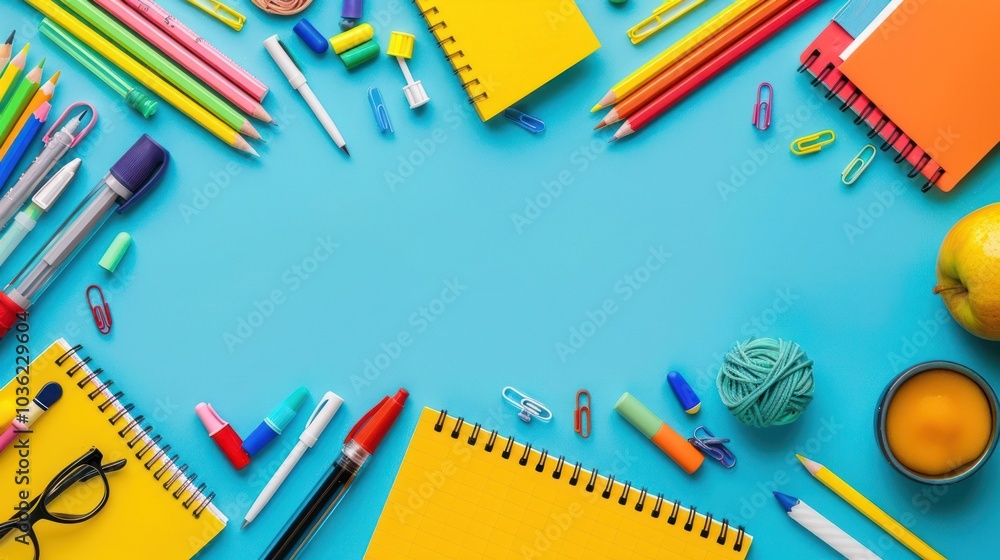 Written words and drawings on white paper with colorful educational supplies and equipment, learning and creativity concept,