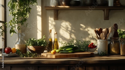 Rustic kitchen fresh produce olive oil herbs Mediterranean food. AI generated.