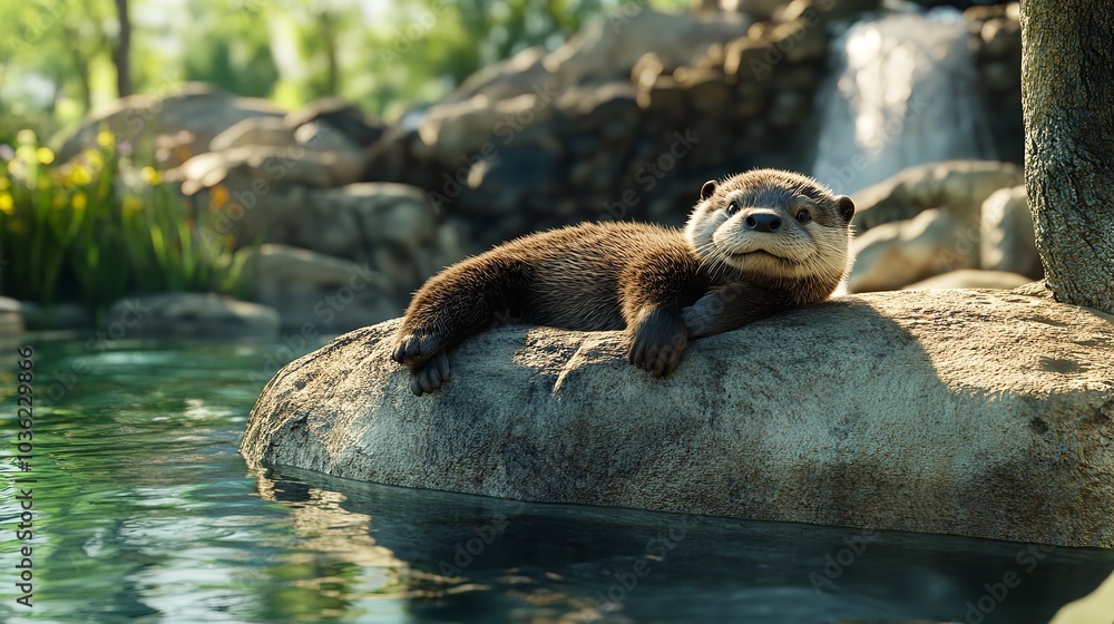 Fototapeta premium Adorable 3D Cute Baby Otter Lounging on a Soft Pastel Colored Surface