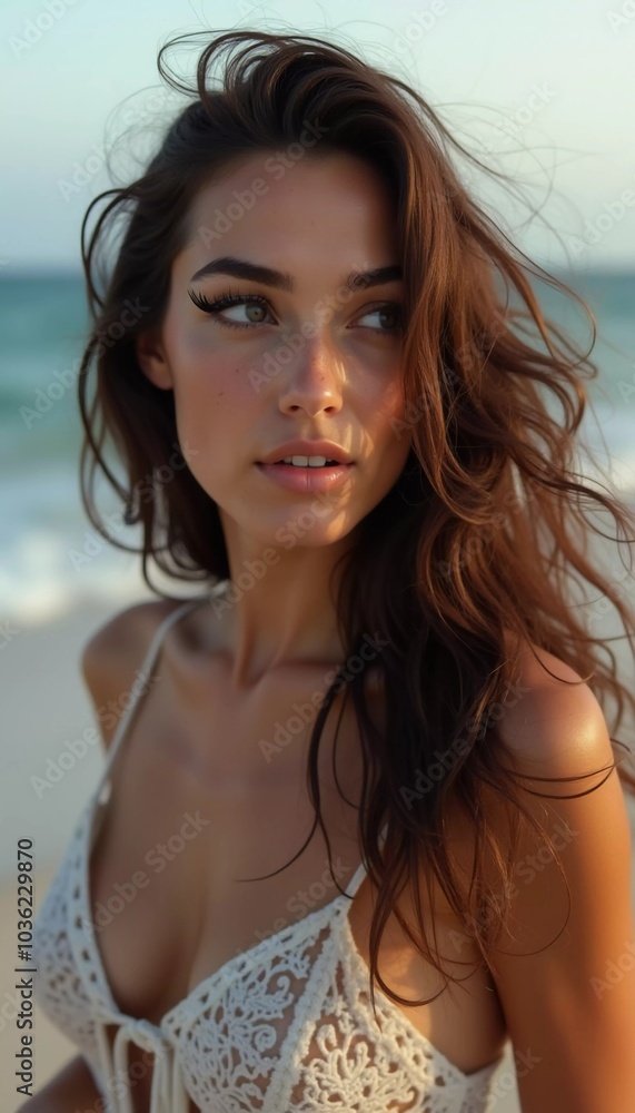A brunette woman in a swimsuit gazes back while standing near the shoreline. Gentle sea waves lap at her feet under a clear blue sky. Long hair, beautiful young face. Travel and clothing adverts. AI A brunette woman in a swimsuit gazes back while standing near the shoreline. Gentle sea waves lap at her feet under a clear blue sky. Long hair, beautiful young face. Travel and clothing adverts. AI