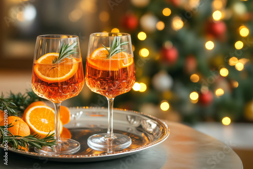 Two glasses of Aperol spritz cocktail with orange slices, ice cubes served on a tray with a Christmas tree in a living room in the background