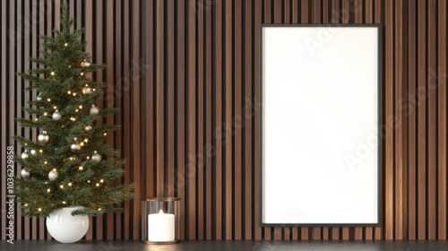 A contemporary vertical frame mockup is displayed against a wooden wall, accompanied by a decorative Christmas tree and candle on a table