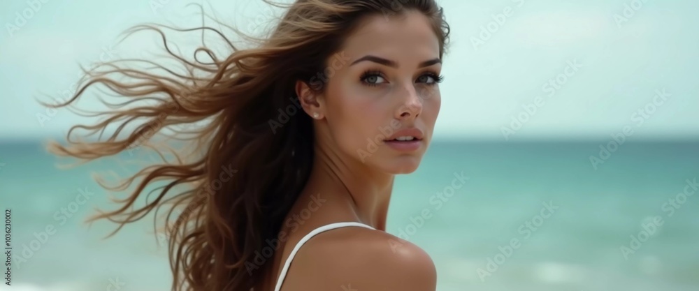 A brunette woman in a swimsuit gazes back while standing near the shoreline. Gentle sea waves lap at her feet under a clear blue sky. Long hair, beautiful young face. Travel and clothing adverts. AI A brunette woman in a swimsuit gazes back while standing near the shoreline. Gentle sea waves lap at her feet under a clear blue sky. Long hair, beautiful young face. Travel and clothing adverts. AI
