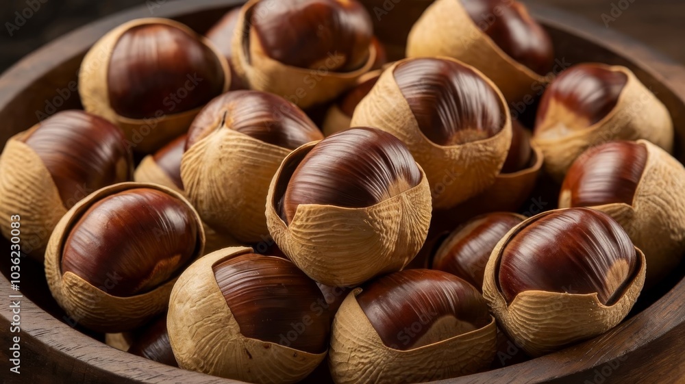 Close-up view of freshly roasted chestnuts with golden brown shells Close-up view of freshly roasted chestnuts with golden brown shells