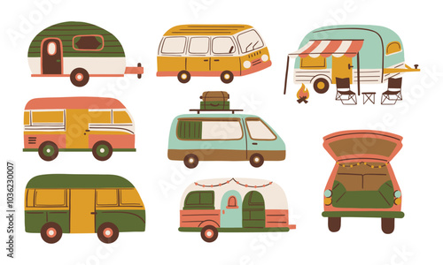 Car Camping Vintage Vans. A set of vintage camper vans, cozy trailers, and car camping setups. Perfect for outdoor adventure lovers, travel, road trips, and camping designs