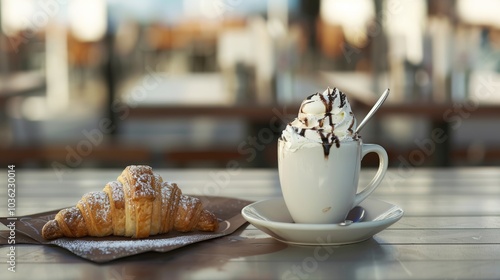 A frothy drink topped with cream and a croissant on a table outdoors. Concept of a relaxing breakfast treat. For cafe menu design.