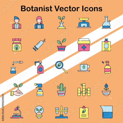 Collection of botanist vector icons illustrating plant studies and nature suitable for environmental and educational themes.