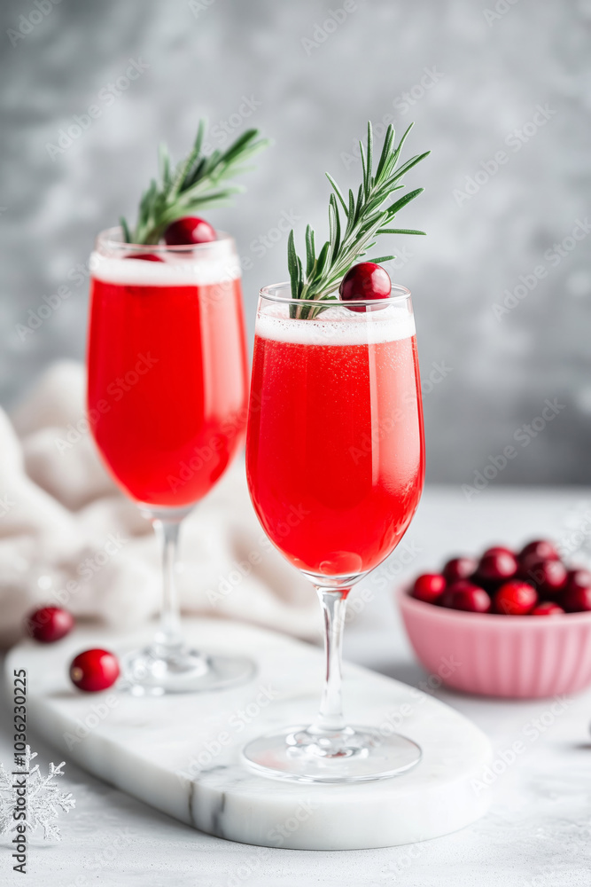 Two glasses with a sparkling red Christmas cocktail served with some red berries Two glasses with a sparkling red Christmas cocktail served with some red berries
