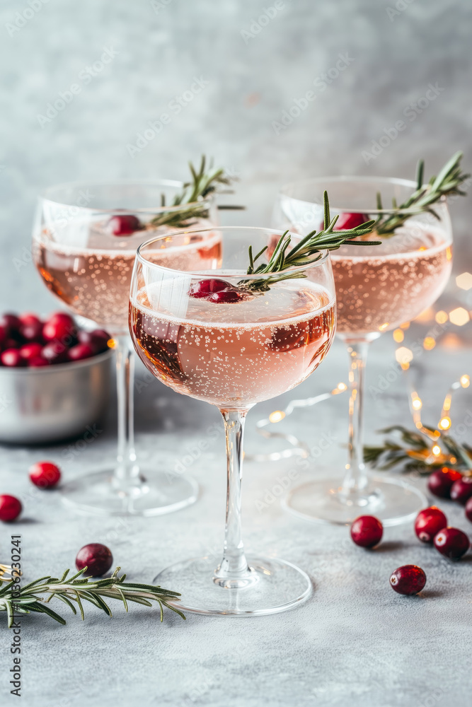 Three glasses with a sparkling red Christmas cocktail served with some red berries Three glasses with a sparkling red Christmas cocktail served with some red berries