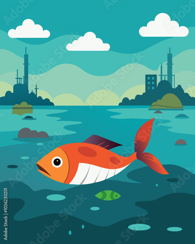 Dead fish floating on the surface of an ocean victims of toxic waste dumped by a nearby industrial complex.. Vector illustration