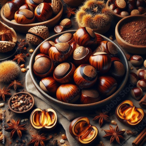 Close-up view of freshly roasted chestnuts with golden brown shells