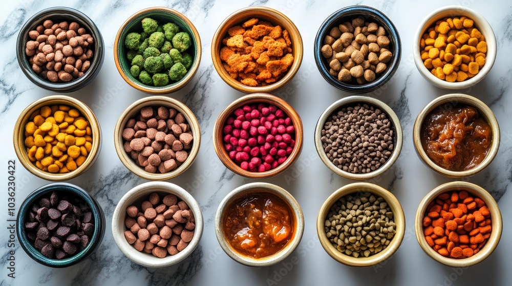 High-angle view of a variety of ceramic bowls with wet and dry pet food, placed symmetrically on a marble countertop, each dish showcasing different nutrients High-angle view of a variety of ceramic bowls with wet and dry pet food, placed symmetrically on a marble countertop, each dish showcasing different nutrients