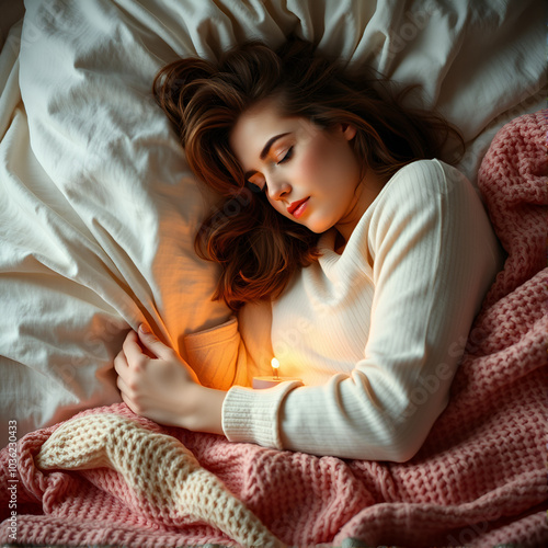 Comfortable, calmness, serenity and femininity are represented by colors, soft light and woman sleeping, cozy hygge lagom friluftsliv ikigai photo