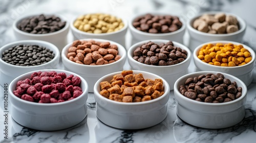 High-angle view of a variety of ceramic bowls with wet and dry pet food, placed symmetrically on a marble countertop, each dish showcasing different nutrients