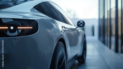 High-definition rearview camera on an electric car, tech-inspired background, minimalistic composition, sharp details, photorealistic