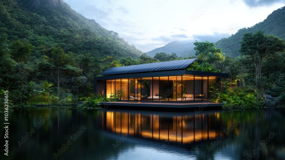 Fototapeta premium Solar panels on modern house by lake in lush forest