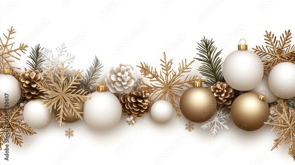 A stylish flat lay features white and gold decorations including snowflakes and ornaments, creating a festive atmosphere for holiday greetings A stylish flat lay features white and gold decorations including snowflakes and ornaments, creating a festive atmosphere for holiday greetings