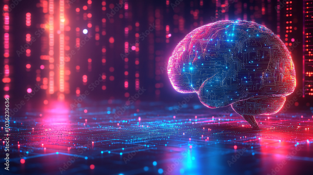 A futuristic 3D render of a human brain amidst vibrant digital circuitry on a pastel background, ideal for technology, innovation, and education themes. A futuristic 3D render of a human brain amidst vibrant digital circuitry on a pastel background, ideal for technology, innovation, and education themes.