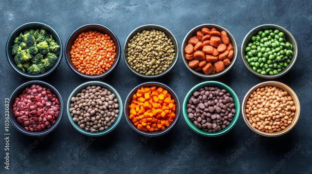 Minimalist-style presentation of assorted pet foods in modern bowls, showing a perfect balance of proteins, vegetables, and grains, vibrant colors Minimalist-style presentation of assorted pet foods in modern bowls, showing a perfect balance of proteins, vegetables, and grains, vibrant colors