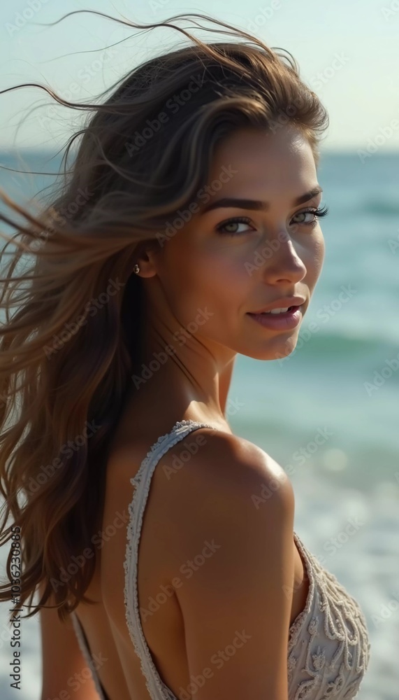 A brunette woman in a swimsuit gazes back while standing near the shoreline. Gentle sea waves lap at her feet under a clear blue sky. Long hair, beautiful young face. Travel and clothing adverts. AI A brunette woman in a swimsuit gazes back while standing near the shoreline. Gentle sea waves lap at her feet under a clear blue sky. Long hair, beautiful young face. Travel and clothing adverts. AI