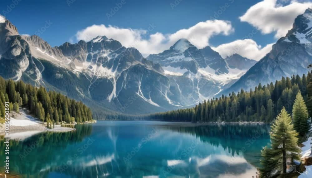 Serene alpine lake surrounded by towering pine trees and snow-capped mountains, reflecting the stunning natural beauty of the winter landscape Serene alpine lake surrounded by towering pine trees and snow-capped mountains, reflecting the stunning natural beauty of the winter landscape