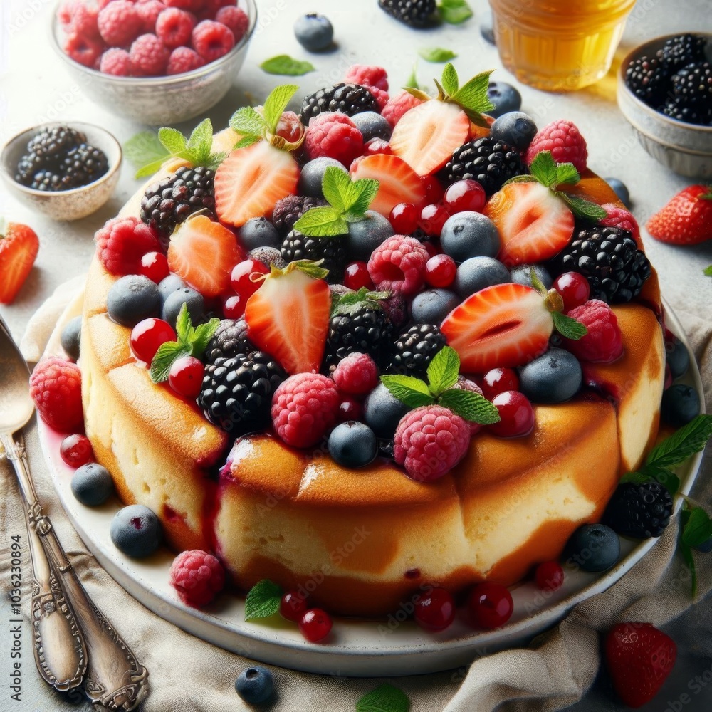Fresh summer pudding served on a table, bursting with seasonal berries Fresh summer pudding served on a table, bursting with seasonal berries