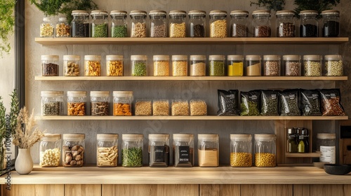 Wallpaper Mural Minimalist compostable food packaging displayed on wooden shelves, natural textures, zero-waste market branding, soft natural lighting, eco-friendly design Torontodigital.ca