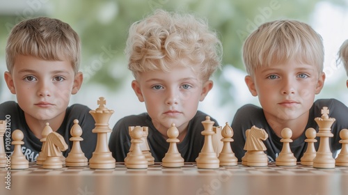 Kids intensely focused during a chess club gathering, contemplating their next moves while clocks tick down beside them photo