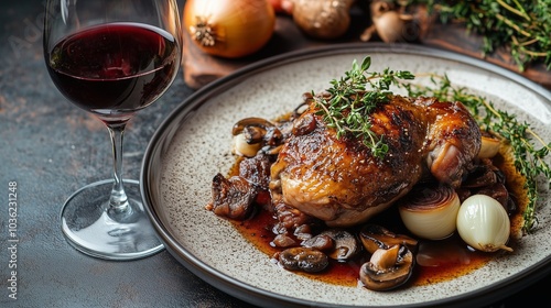 A beautifully plated coq au vin, featuring tender chicken braised in red wine, accompanied by mushrooms, onions, and garnished with fresh thyme, with a glass of wine beside it