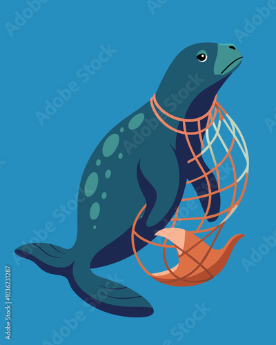An illustration of a sea lion entangled in a fishing net made of plastic.. Vector illustration